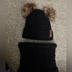Black Knit Kids Hat with Faux Fur Pom Poms